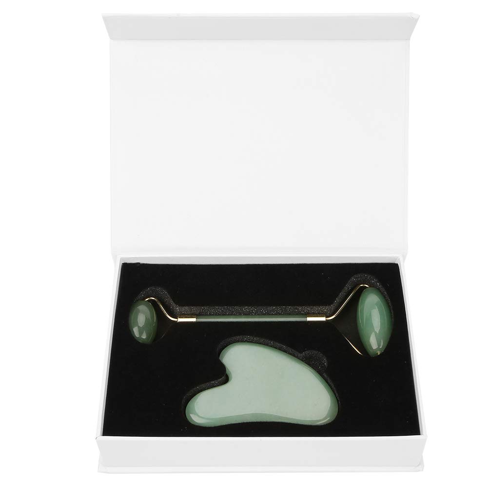Hztyyier Herramienta de Masaje de desguace de Piedra Natural Gua Sha Tablero de Gua Sha de Cuarzo Verde con Rodillo de Jade de Doble Cabeza para Masaje Facial Relajante en el Cuello y SPA