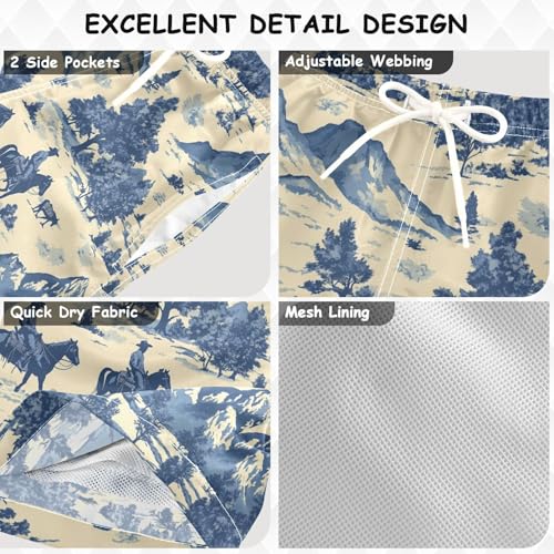 Pigsaly Boys Swim Trunks Blue Western Cowboys Rodeo Wild Boys Board Shorts Swimsuit Swimwear Summer Bathing Suit S3