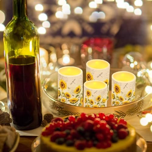 Image of Flameless LED Candles Electric Candle Set with Remote Timer Color Changing Control Long Lasting for Table Centerpiece Home Indoor Decoration Pack of 4, Sunflower Dragonfly Retro