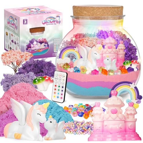 Light-Up Unicorn Terrarium Kit for Kids, DIY Arts & Crafts Gift for Girls Ages 4 5 6 7 8-12 Year Old, LED Night Light with Remote, Best Birthday Easter Unicorn Toys Gifts for Girls Kid