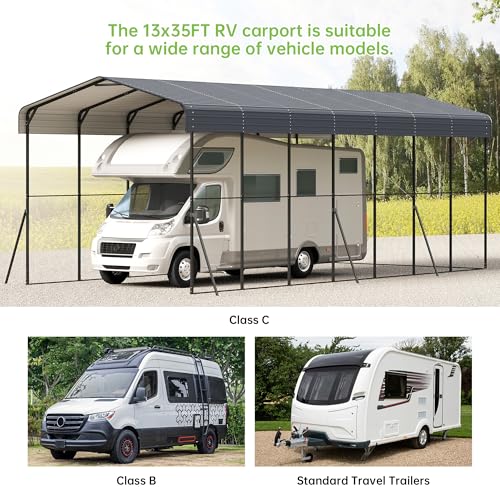 Image of 14x35x13ft RV Metal Carport with Galvanized Steel Roof, Heavy Duty Car Canopy,Outdoor Extra Long & Tall Garage Shelter Shade for RV, SUV, Truck, Tractors and Boats, Tools Gray