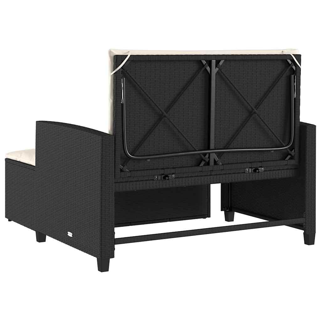 Divano Giardino 2 Posti Nero Polyrattan con Cuscini | Divano letto reclinabile, poggiapiedi con contenitore, rivestimento sfoderabile lavabile, 110 kg per seduta