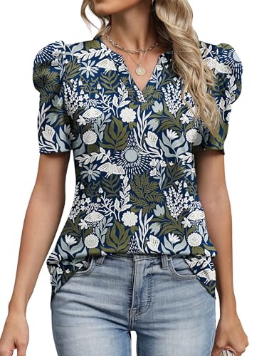 Image of LOMON Spring Summer Tops for Women 2026 V Neck Puff Short Sleeve Tops Fashion Trendy Work Blouses Dressy Casual S-XXL