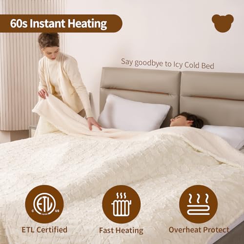 Image of Bearhug Heated Blanket King Size, 100 inchx90 inch Dual Control Electric Blanket with 10 Heat Levels & 1-12H Auto Off, White Floral Faux Fur & Sherpa Bed Warmer for Couples, ETL Certified, Machine Washable