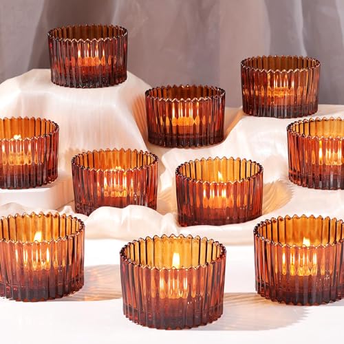 HAVITI 24 Pcs Large Tea Light Holders Amber Glass Candle Holders Votive Candle Holders for Table Centerpiece Wedding Table Decor