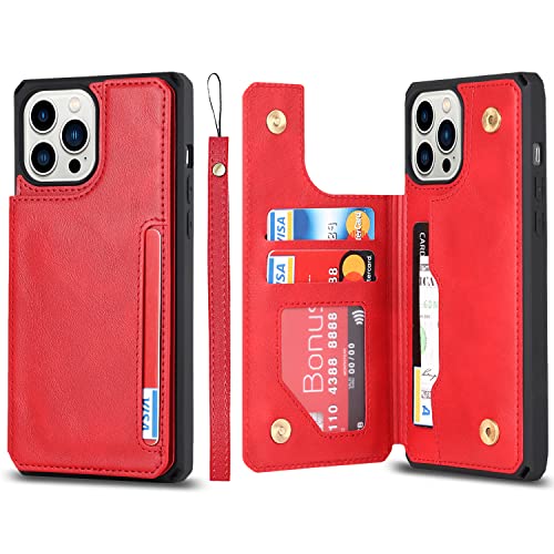 Image of Cavor for iPhone 14 Pro Case with Card Holder,for iPhone 14 Pro Wallet Case for Women Men,Phone Case for iPhone 14 pro with Stand Credit Card Holder, Leather Strap Shockproof Cover- Red