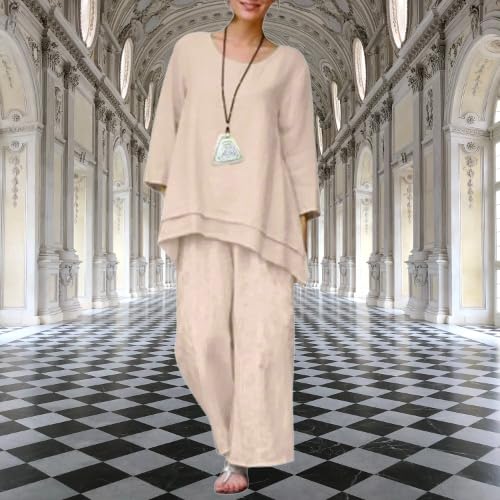 Women Linen Two Piece Pantsuits 2024 Casual Crewneck Long Sleeve Shirt Tops Wide Leg Lounge Pants Fashion Outfits4