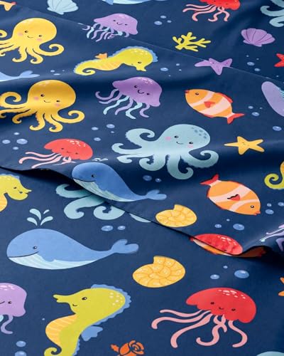 Image of Kids Queen Sea Creatures Bed Sheets - 4 Piece Kids Sea Creatures Sheet Set | Sea Creatures Themed Bedding, Ultra-Soft, Cute & Cozy, Breathable & Machine Washable, Bed Set for Boys, Girls & Teens, Comfy