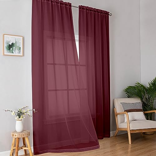 Image of Simplebrand Red Sheer Curtains 96 Inches Long, Light Filtering Rod Pocket Solid Color Window Sheer Curtain Panels, Elegant Curtains & Drapes for Living Room, Bedroom 2 Panels (Burgundy, 42 inch W x 96 inch L)