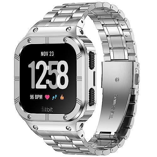 Baiteyou Stainless Steel Watch Band With Case Compatible For Fitbit Versa 4/Versa 3/ Versa 2/Versa/Fitbit Versa Lite/Fitbit Sense 2/Sense Bands, Rugge