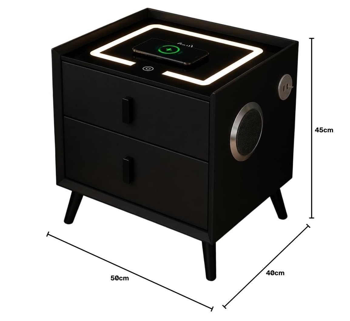 Comodino Smart con Ricarica Wireless, Bluetooth Audio, Luce LED, 2 Porte USB e 2 Cassetti, Tavolino da Camera Moderno 50x40x45 cm (Nero)