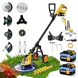 20000 RPM Brushless Electric Weed Wacker Cordless, 12'' Wheeled Weed Eater Battery Powered Brush Cutter, 4-in-1 Grass Trimmer Stringless Weed Trimmer Lawn Mower Edger