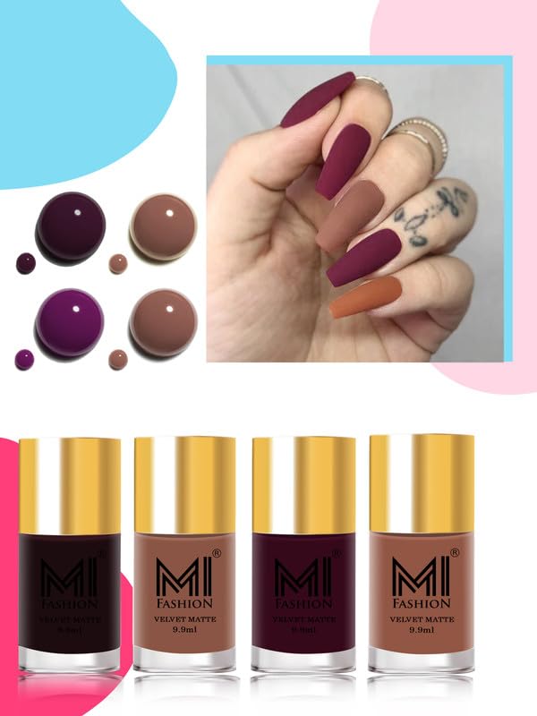 MI Fashion Matte 4 Nail Polish Set For A Luxurious Nail Look Wine, Dark Nude, Wine, Nude #Pn204 9.9ml each-image-19