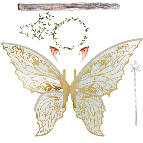 Torajiro Fairy Wings for Adults and Girls，Fairy Costume Set with Floral Garland, Fairy Hair Tinsel, Wand & Elf Ears – 19''x24'' Organza Butterfly Wings – Ideal for Halloween, Cosplay, Party, Gold