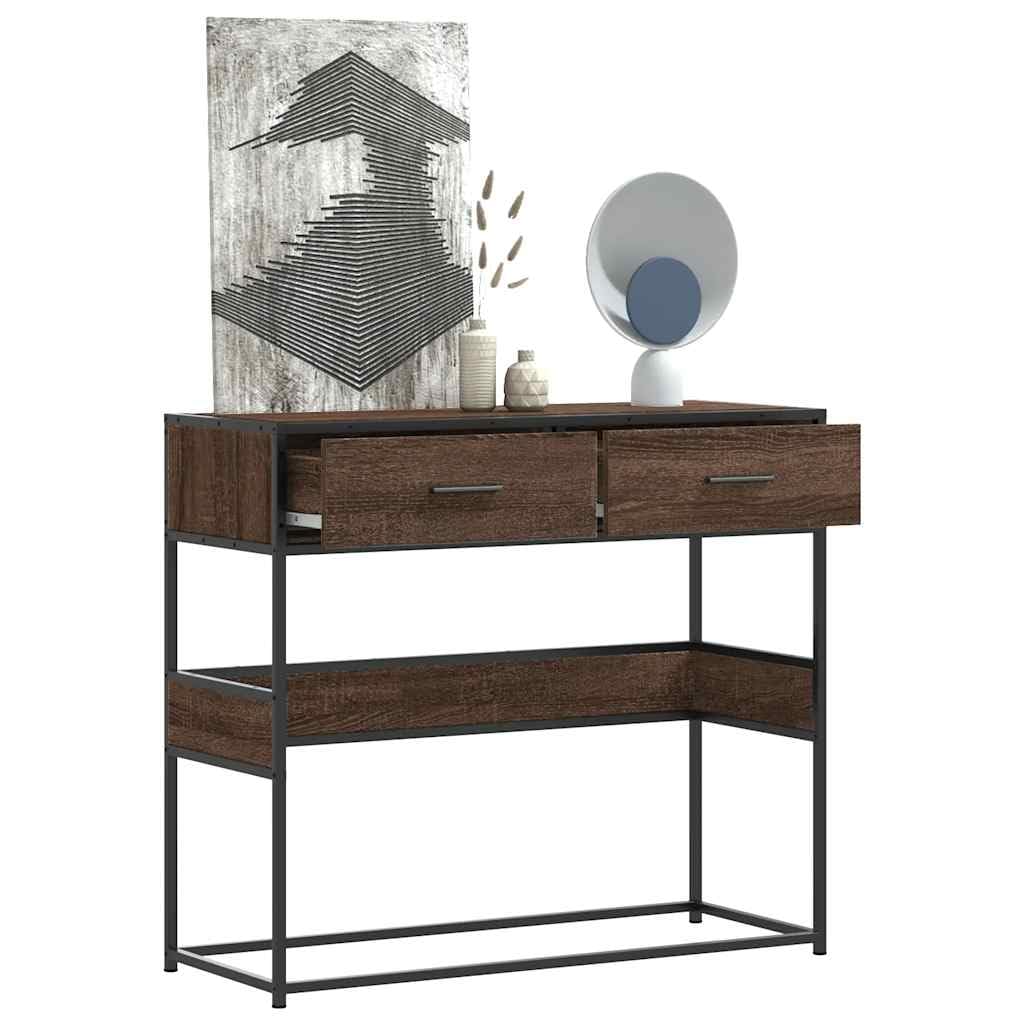 SXZenSpace Console Table Brown Oak 90x35x80 cm Engineered Wood & Metal Frame Hallway Sideboard with Drawers Industrial Shelf for Living Room Bedroom and Corridor