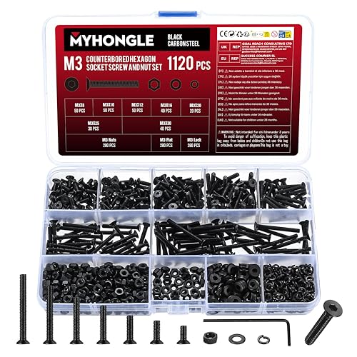 1120 STK M3 Schrauben Set, Senkkopfschrauben Muttern Set, Gewindeschrauben mit Muttern Set mit Unterlegscheiben & Federscheiben Set, Innensechskant Sechskantschrauben, Maschinenschrauben Sortiment
