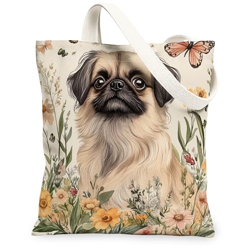 Bolsa de lona de perro pequinés de primavera para ir de compras, 13 x 15 pulgadas, bolsa de tela reutilizable para mujer, pintura de mascotas, decoración de regalo
