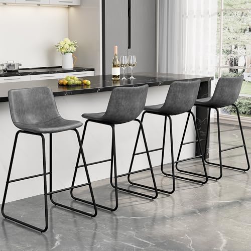 Image of REONEY Bar Stools Set of 2, 26 inch PU Leather Counter Height Barstool, Grey