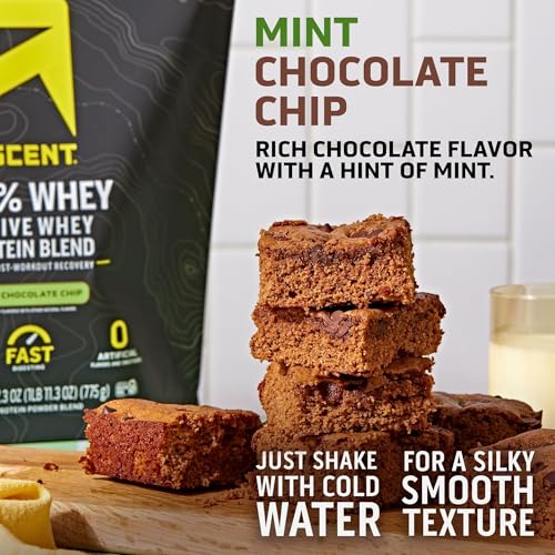 Image of Ascent 100% Whey Protein Powder - Post Workout Whey Protein Isolate, Zero Artificial Flavors & Sweeteners, Gluten Free, 5.5g BCAA, 2.6g Leucine, Military Exclusive, Mint Chocolate Chip 1.7 lb