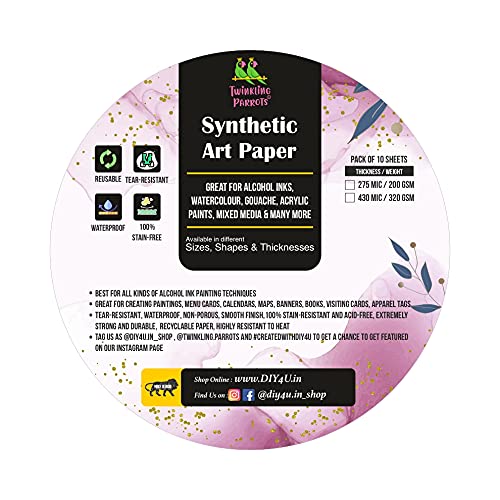 Twinkling Parrotsling Alcohol Ink Synthetic Art Paper | 10 Inch x 10 Inch | 275 Micron / 200 GSM | Circle | Pack of 10 | 100% Stain-Free | Opaque White |
