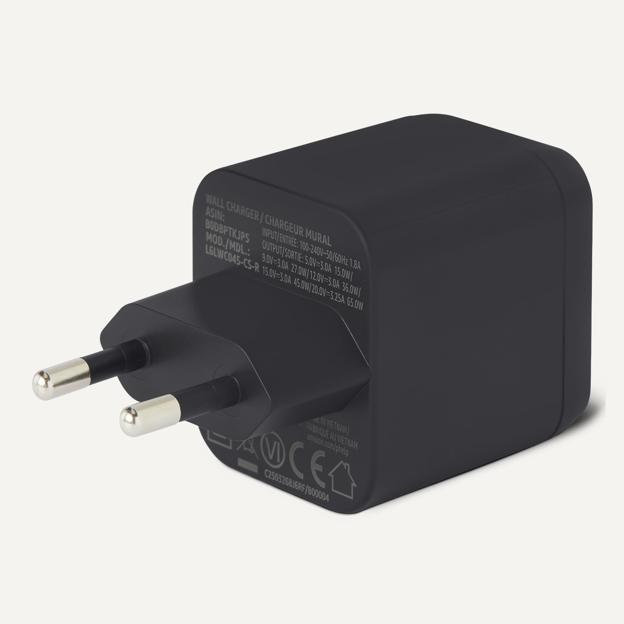Amazon Basics Caricabatterie da Parete Nano GaN USB-C con Ricarica Rapida, 65W a 1 Porta PD 3.1 per Laptop, Tablet e Smartphone, Nero