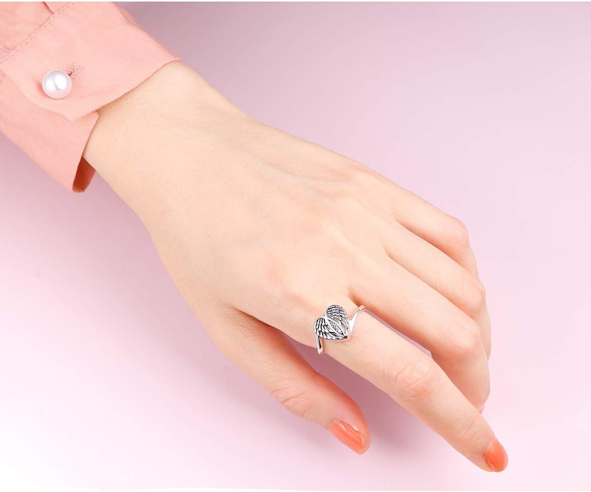 FLYOW 925 Sterling Silver Angel Wings Urn Heart Ring Hold Loved Ones Ashes Always in My Heart Keepsake Memorial Jewelry Oxidation Effect Cremation Rings for Women Girls - Image 2