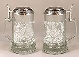 JAMES MEGER GLASS WHITE TAIL DEER STEIN, Etched German Glass Beer Stein w/ Pewter Lid, Made in Germany
