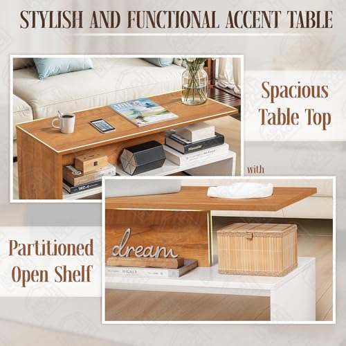 Image of ABOUT SPACE Coffee Table - Portable Wooden Centre Table with Partition Storage - DIY Furniture - Sofa Tea Poyee for Living Room, Home, Office (White & Teak - L 90 x B 40 x H 43 cm)