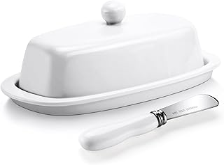 Porcelain Butter Dish with Lid and Knife, 8 inch Butter Holder, Perfect for East and West Coast Butter, white