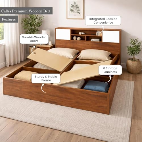 Image of Callas Estoria Engineered Wood King Size Bed with Storage | Free Installation with 1 Year Warranty (Walnut, King with Storage)