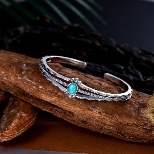 Genuine Turquoise Bracelet, Sterling Silver Boho Adjustable Bangle Cuff Native American Vintage Jewelry for Women, Fit for 6.5 7 7.5 Inches 6