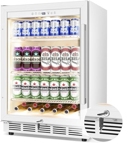 Image of 24 Inch White Beverage Refrigerator - 150 Can Capacity, Glass Door with Lock, 4.9 Cu.Ft Under Counter Cooler, Reversible Door, Adjustable Shelves, Warm LED Light - for Home Bar Kitchen Office