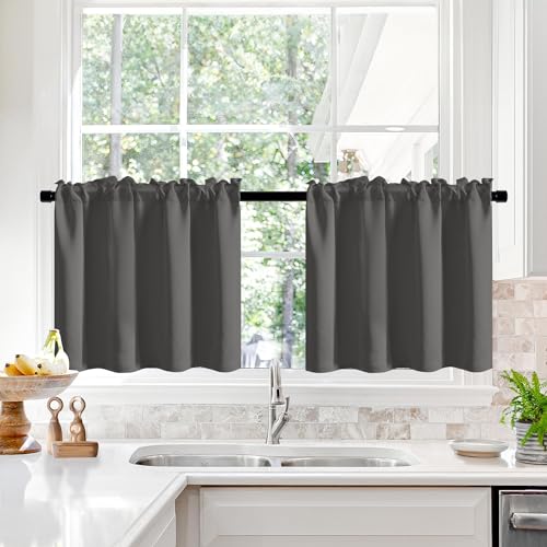 Deconovo Short Blackout Curtains Panels for Bathroom/Kitchen - Thermal Insulated Rod Pocket Room Darkening Drapes, Noise-Reducing Curtains, 30W x 24L Inch, Dark Grey, 2 Panels