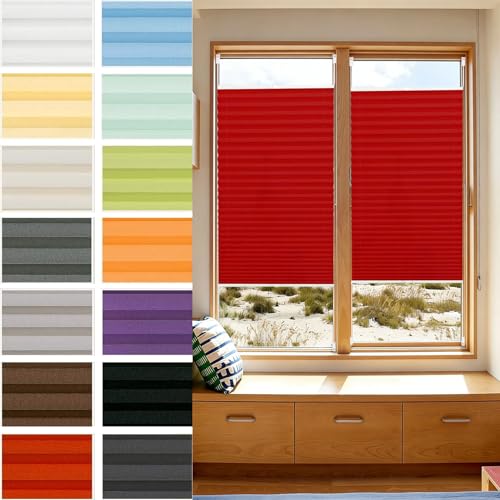 Estor Plisado 25 x 140 cm Protección Visual y Protección Solar Persianas Plisadas con Sujeción Montaje Rápido y Fácil para Ventanas y Puertas, Rojo