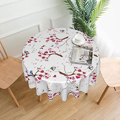 Cherry Blossom Tablecloth Round 60 Inches Spring Summer Farmhouse Floral Tablecloth Waterproof Polyester Washable Flower Bird Table Cloth Table Cover For Kitchen Dining Room Picnic Patio Party #TOP1