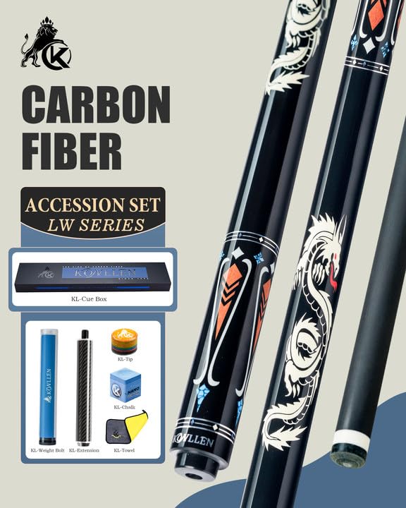 KONLLEN Carbon Fiber Pool Cue Stick 58-inch Professional Pool Sticks Low Deflection Pool Cue for Adults Ultra-Smooth Billiard Cues with 12.5mm Tip
