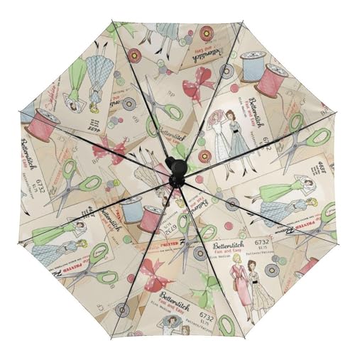 EOQIFJM Scissors Magazine Bow Button Sewing Internal Printed Automatic Umbrella for Sun And Rain Protection