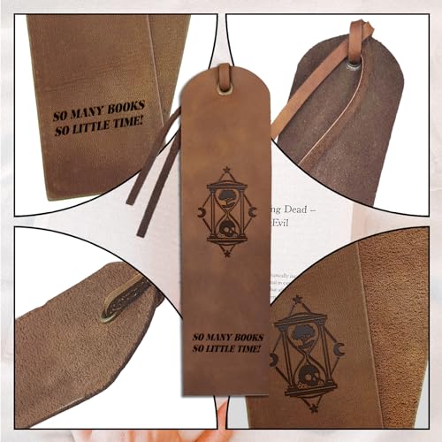 MAYJOYDIY 4pcs Hourglass Tree Leather Bookmark Skull Moon Star Leather Page Markers 5×18cm So Many Books So Little Time Text Handmade Vintage Book Mark for Book Reading Bookworms Writers Gifts - Image 4