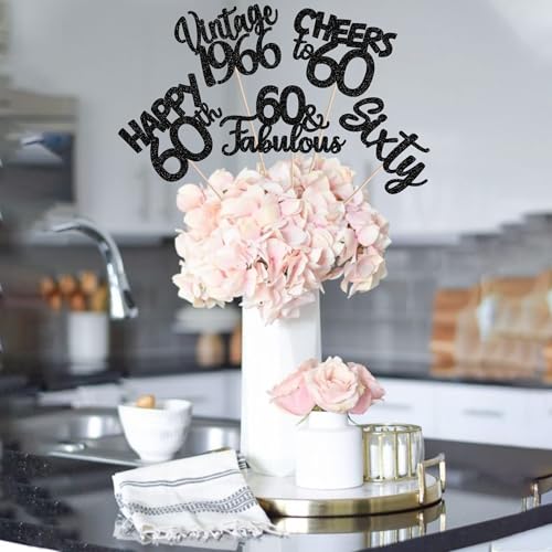 Image of 15 PCS Black 60th Birthday Centerpiece Sticks Sixty Happy 60th Vintage 1966 Table Flower Centerpieces Sticks Cheers to 60 Fabulous Floral Decorations for 60th Birthday Party Centerpieces Supplies