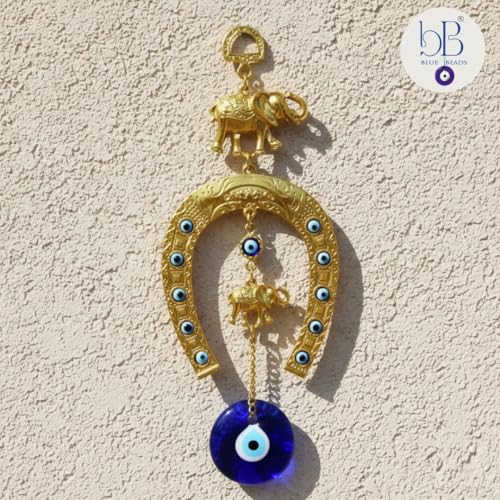 Image of BLUE BEADS Turkish Feng Shui Vastu Blue Glass Evil Eye Hanging /Door Hanging Nazar Batu for Protection and Good Luck - Perfect for Gifting Home or Office (GHODE NI NAL - Gold)