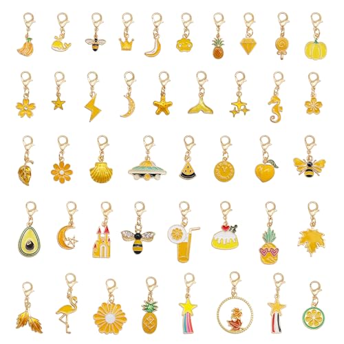 Julie Wang 30PCS Alloy Yellow Enamel Charms with Lobster Clasps Assorted Fruit Flower Hearts Designs Pendants for Gift Wrapping Zipper Pulls Keychains Bags Decoration