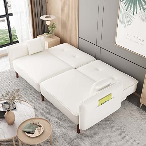 Tmeosk Convertible Futon Sofa Bed, Modern Linen Fabric Loveseat Sleeper Sofa Bed With 2 Pillows And 3 Adjustable Backrests, Convertible Sleeper Sofa Couch For Living Room, Bedroom, Small Space(White) #TOP3