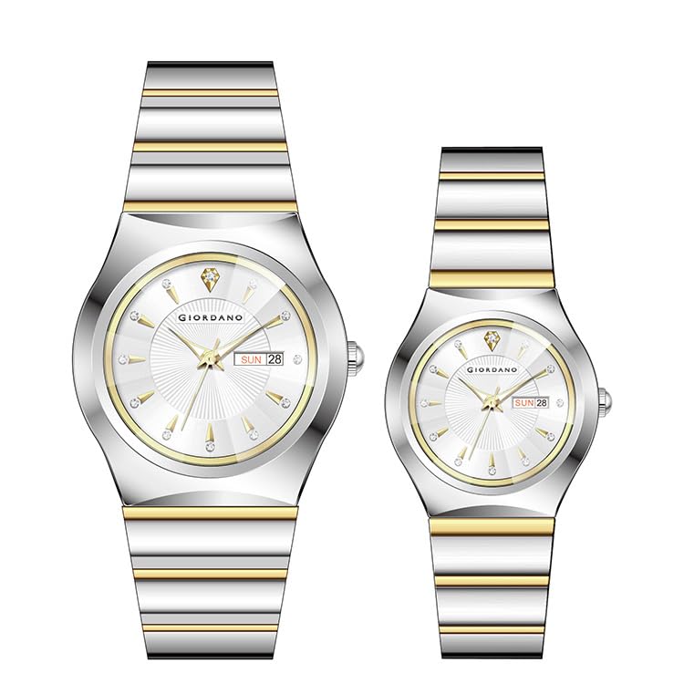 Image of Giordano Analog Pair Watch for Unisex with Round Dial, Crystal Indices, Date Display and Stainless Steel Strap