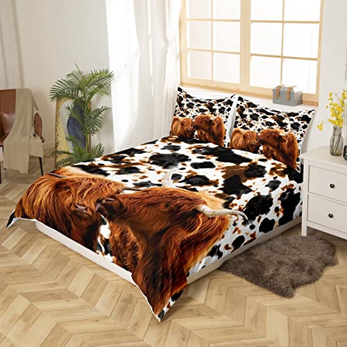feelingyou Highland Cow Duvet Cover Set Single Size, Ink Milk Skin Fur Print Tribal Tie Dye Comforter with 1 Pillow Sham - Image 3