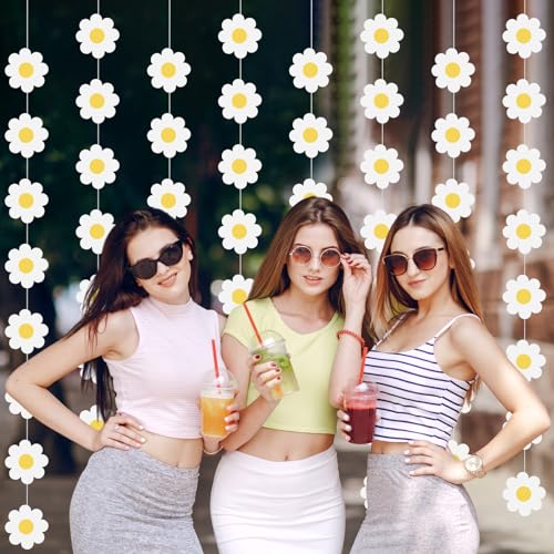 Image of Pasimy 8 Pcs Daisy Boho Party Decorations Groovy Daisy Paper Garlands White Flower Hanging Garland Banner Hippie Flower Cutouts for Birthday Shower Wedding Party Favor Supplies(Fresh,White)
