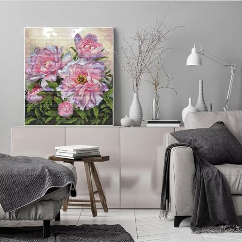 Image of Stamped Cross Stitch Kits Full Range of DIY Needlepoint for Adult Beginners Peony Pattern, for Gift and Home Decor 14CT 2 Strands 12.6x13.7 inch