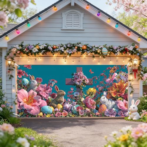 Image of Spring Floral Cross Garage Door Cover 157x70 inch Bunny Colorful Eggs Butterfly Christian Outdoor Mural Waterproof Easter Home Decor