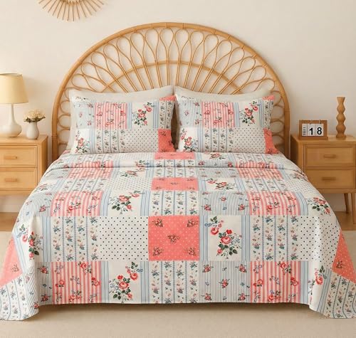 VAS COLLECTIONS Cloud Cotton Double Bedsheet 210 TC | Soft & Breathable Cotton Bedding Set with 2 Pillow Covers | Elegant Floral Printed Bed Sheet for Bedroom & Home | 90x100 Inches (Pastel Patchwork)