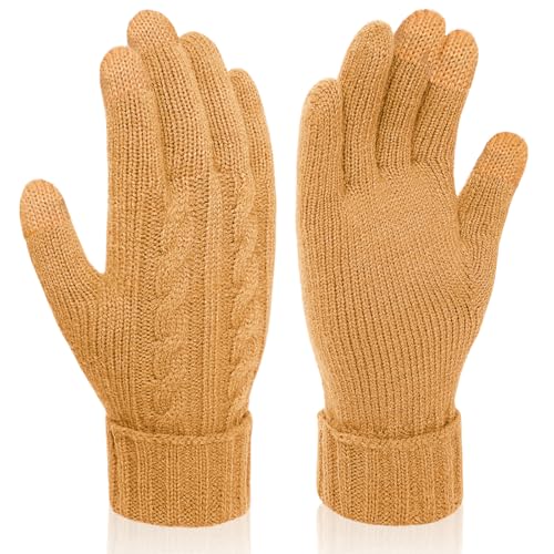 Wandx Womens Winter Gloves, Warm Knit Gloves for Cold Weather Long Cuff Touch Screen Gloves for Women Men (Yellow, One Size)