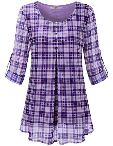 Cestyle Womens Tops and Blouses, Ladies Office Wear Lightweight Loose Dressy Plaid Shirt Relaxed Fit Sheer Chiffon Cuffed Sleeve Tunic Shirts Purple XXX-Large